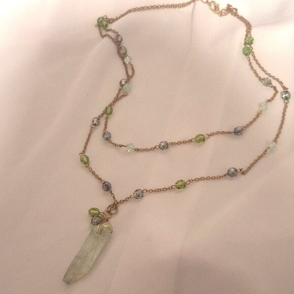 Artisan Double Strand Gold Chain Green Crystal Quartz Necklace - Picture 1 of 5